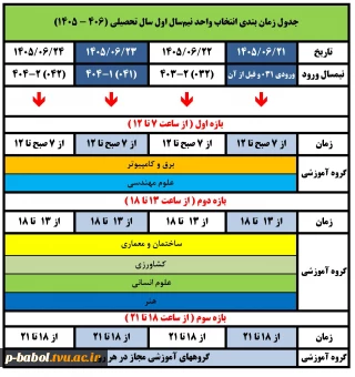 جدول زمان بندی انتخاب واحد نیمسال اول سال تحصیلی 1406-1405